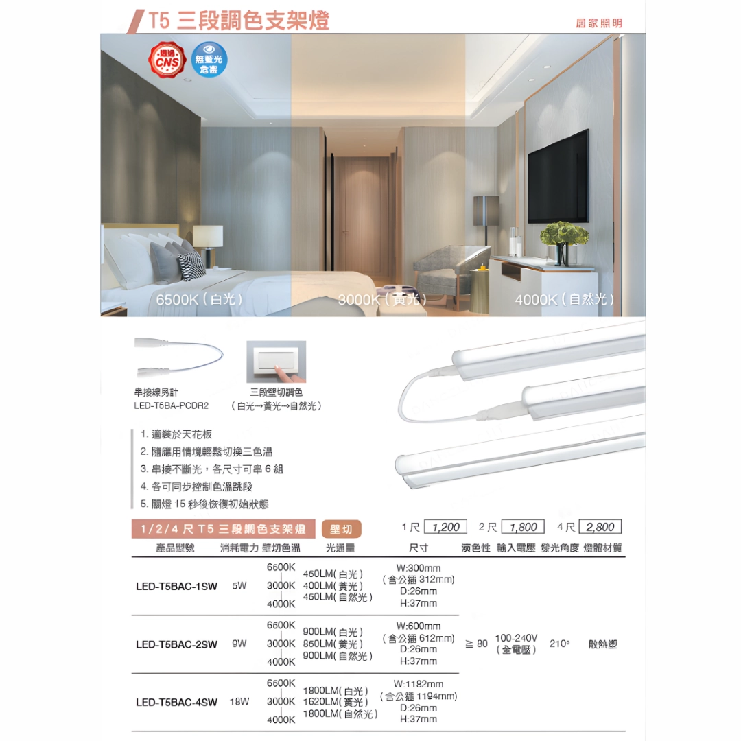 1尺、2尺、4尺｜壁切三色支架燈