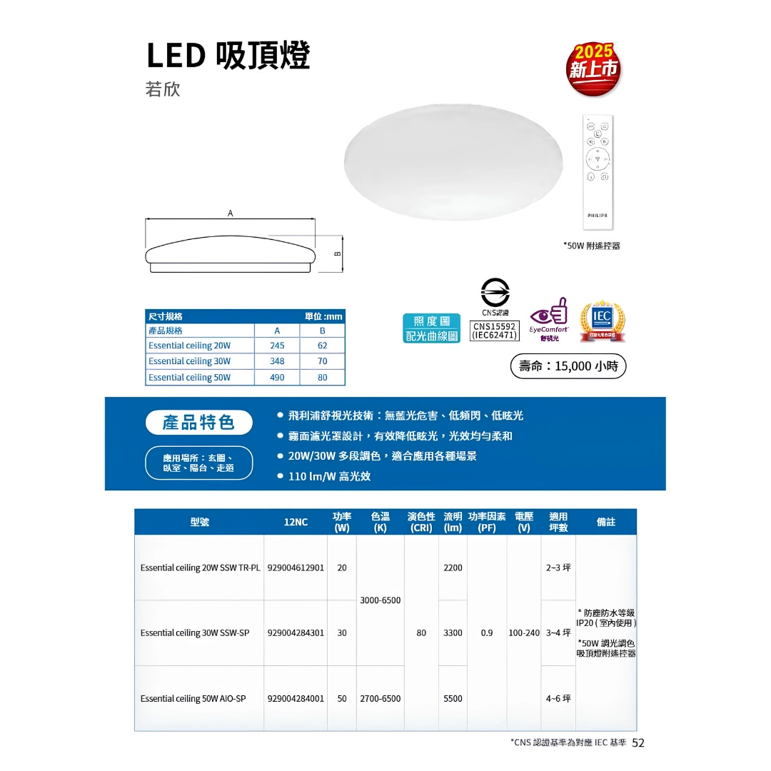 20W、30W、50W|壁切三色溫若欣-吸頂燈