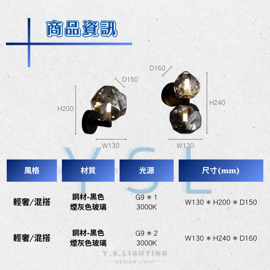 煙燻冰晶壁燈-2款